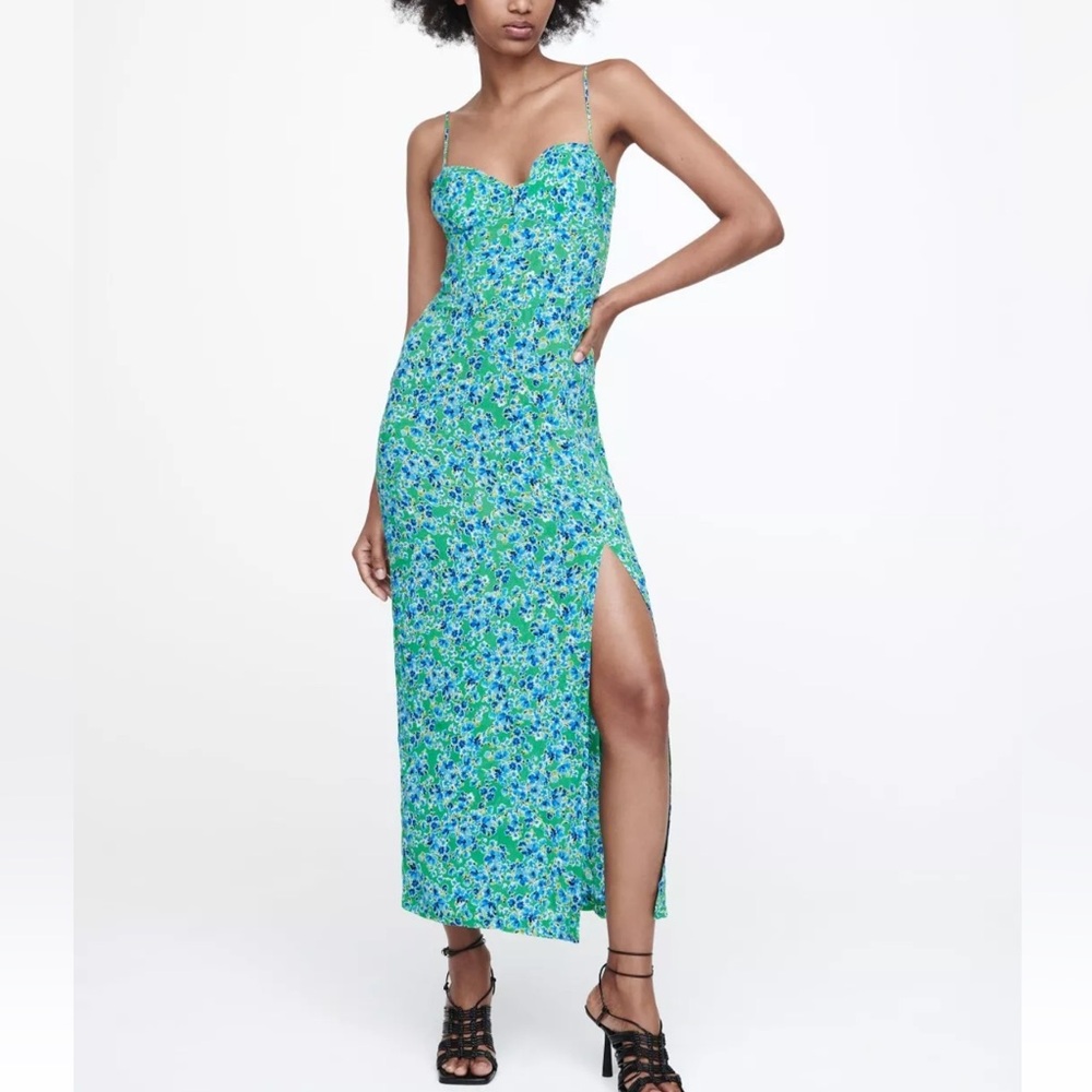 Zara Blue and Green Floral Maxi Dress